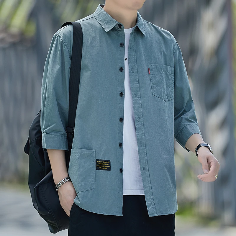 春夏舒适棉质免烫夏季短袖衬衫男士宽松版七分袖衬衣工装中袖