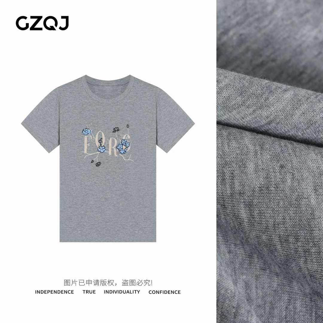 GZQJ【花间漫游】欧若风时尚百搭重工刺绣短袖T恤女春夏0157