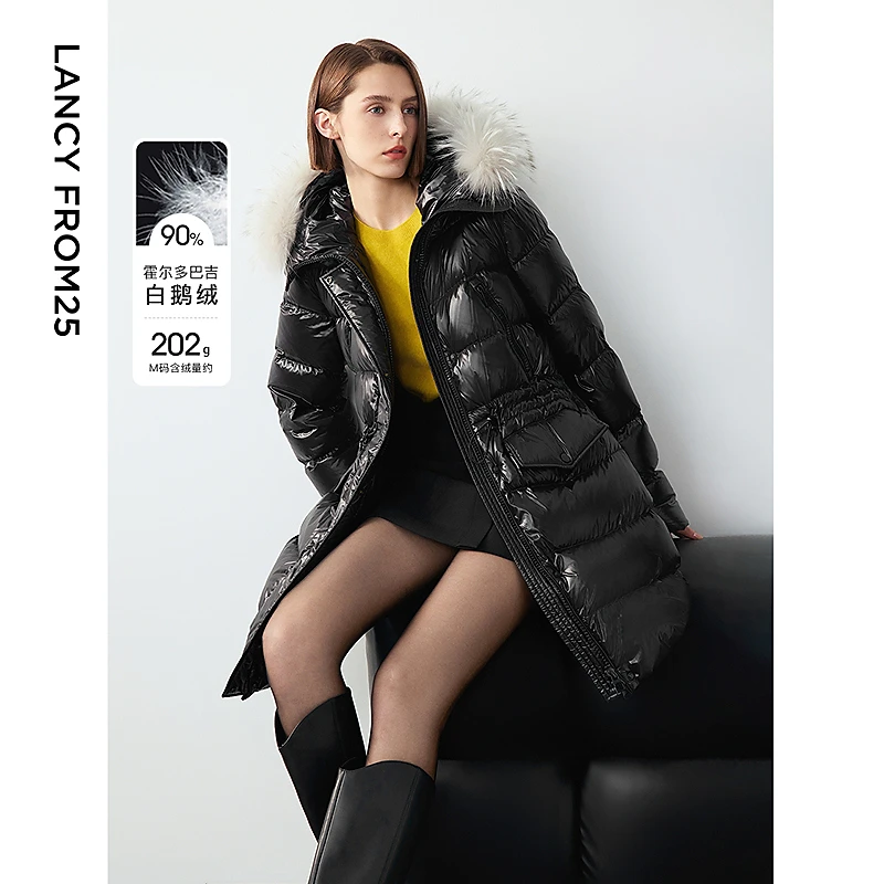 朗姿霍尔多巴吉白鹅绒设计感气质黑色外套女2024冬新款连帽羽绒服