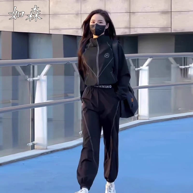 2025春秋季新款女士休闲运动套装时尚气质黑色外套哈伦裤两件套潮