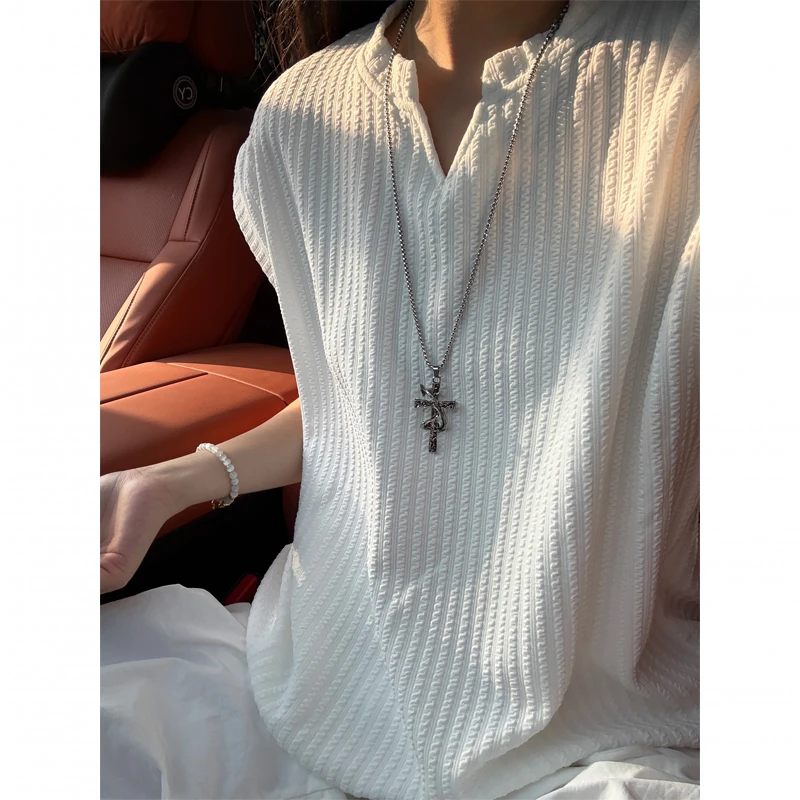 白色褶皱肌理感凉感v领背心男款夏季潮牌运动无袖t恤休闲坎肩汗衫