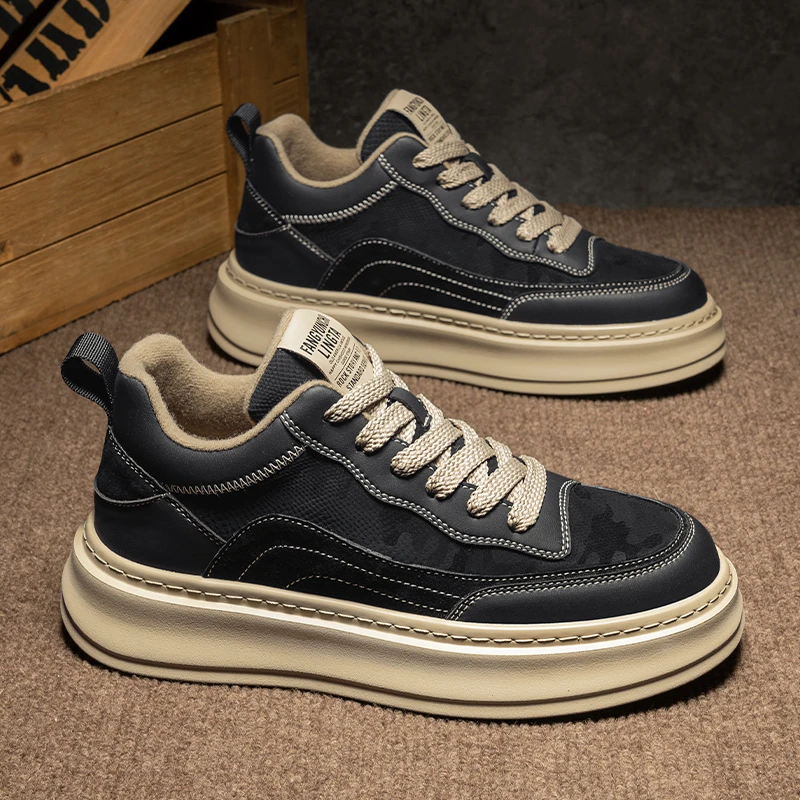 男鞋冬季加绒保暖板鞋男士运动轻便厚底休闲鞋中帮复古潮鞋爆款