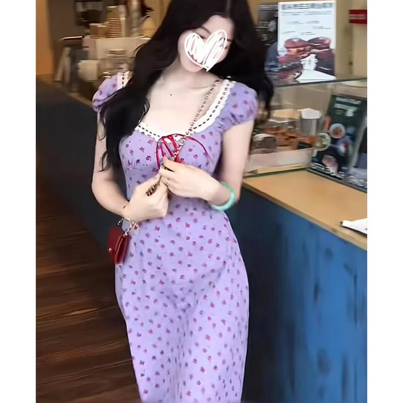 韩版纯欲少女碎花大码连衣裙气质设计显瘦针织长裙6375