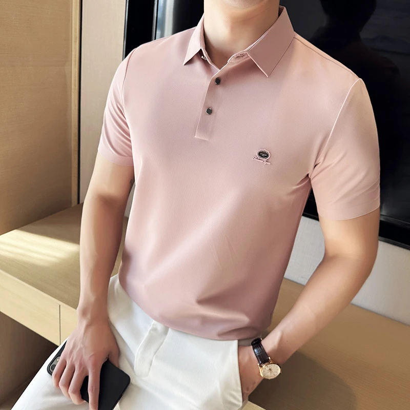 高弹垂感华夫格无痕压胶高级感polo衫男刺绣短袖t恤粉色夏季新款