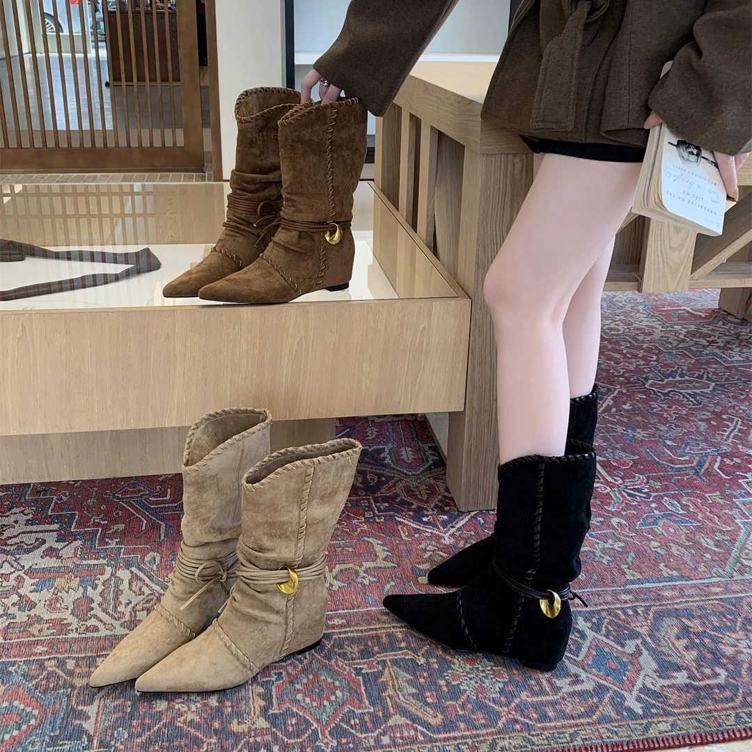 内增高尖头绒面瘦瘦中筒骑士靴女靴子2025秋冬季西部牛仔堆堆长靴