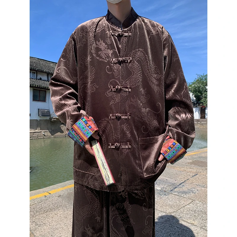 中山装马褂男士金丝绒外套秋冬季新中式国风大码宽松民族印花唐装