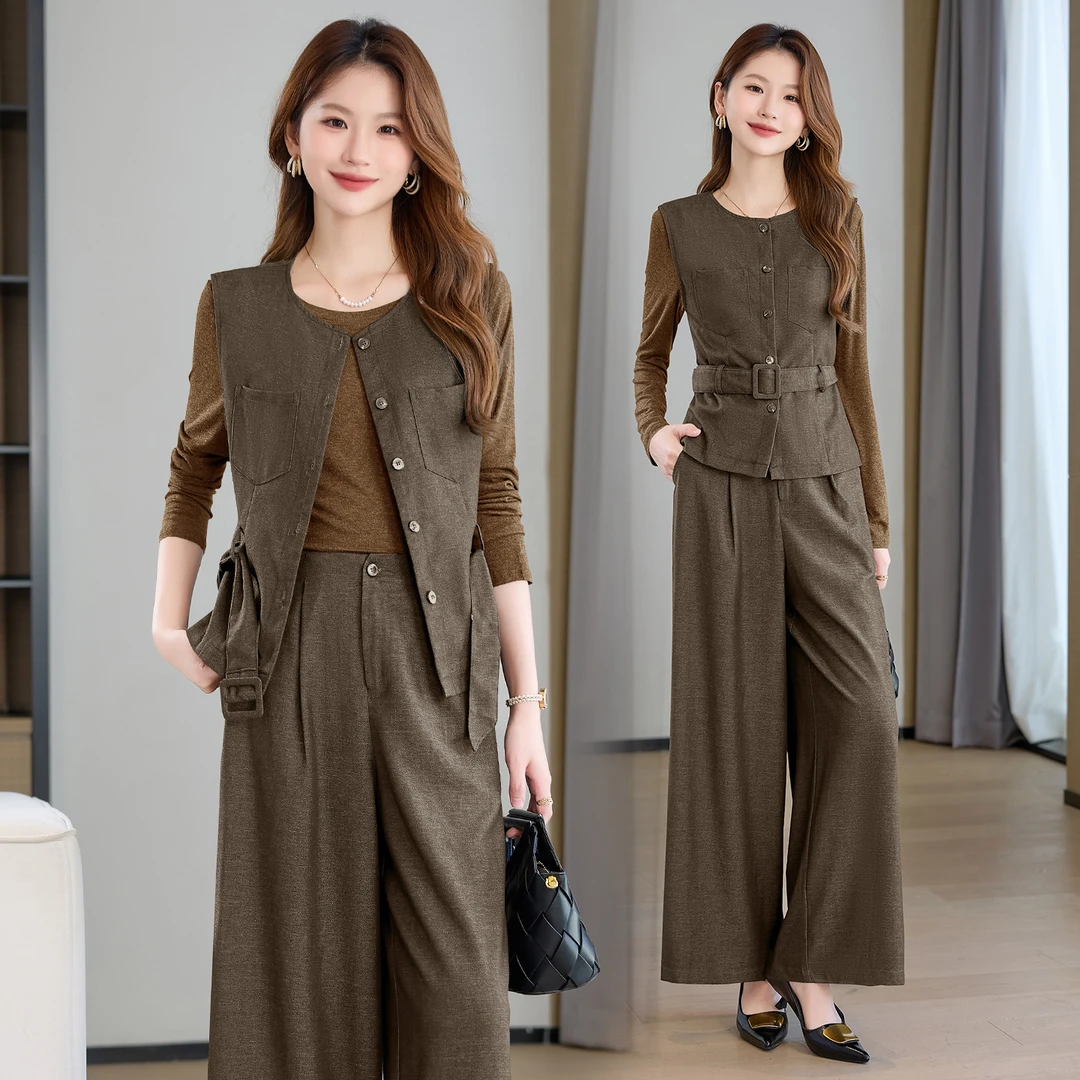 2025秋新款时尚套装圆领长袖T恤马甲背心高腰显瘦阔腿裤三件套潮