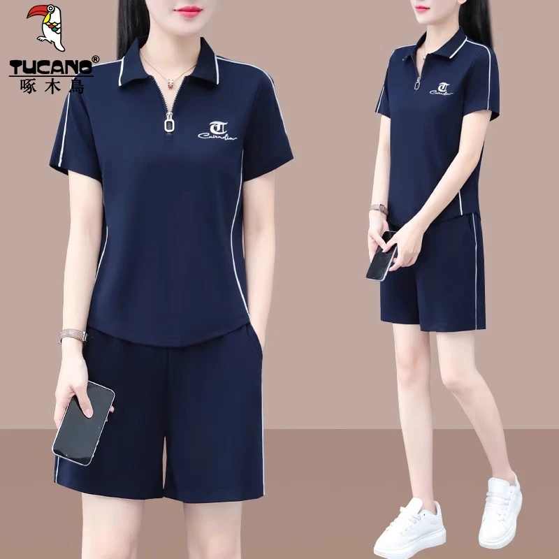 啄木鸟冰丝短袖短裤运动套装女夏季2025新款宽松速干翻领薄两件套