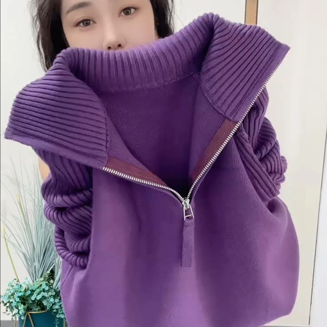 高级感半开领拉链毛衣女2025秋冬新款韩版翻领针织打底显瘦上衣潮