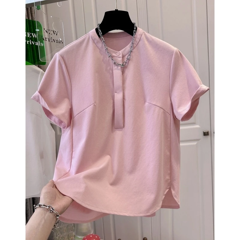 欧洲站半纽扣圆领短袖T恤女上衣粉色宽松时尚休闲时尚夏季款2025