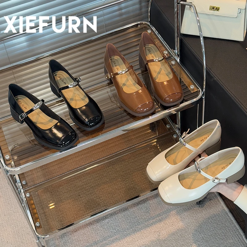XIEFURN/鞋夫人2025新款复古拼接金属玛丽珍小皮鞋粗跟仙女风单鞋