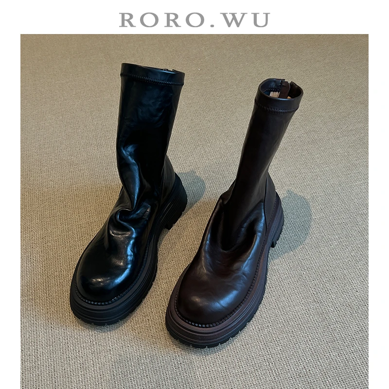 娆娆吴·简约复古弹力靴短筒纯色气质厚底增高秋冬切尔西女靴X375