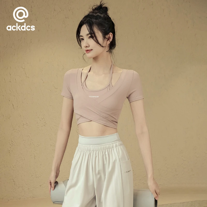 Ackdcs带胸垫瑜伽服女夏季新款假两件普拉提短袖上衣健身运动T恤