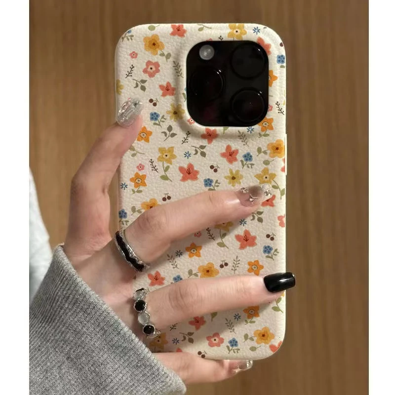 满屏彩色花朵适用苹果16pro仿皮纹15promax软胶13pro/14pro/新款