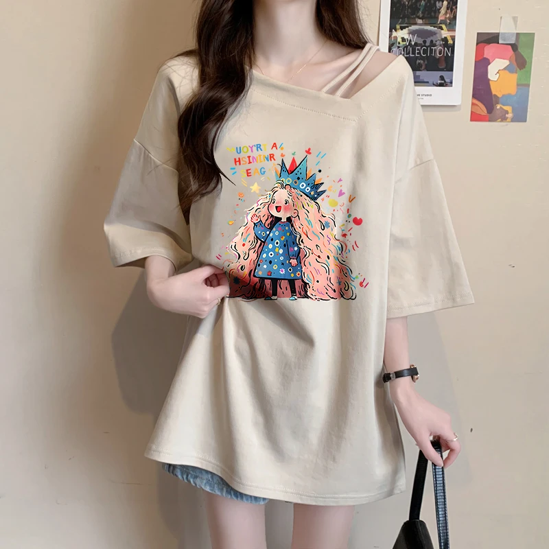 纯棉斜领中长款短袖T恤女夏季韩版时尚慵懒风学生卡通露肩上衣ins