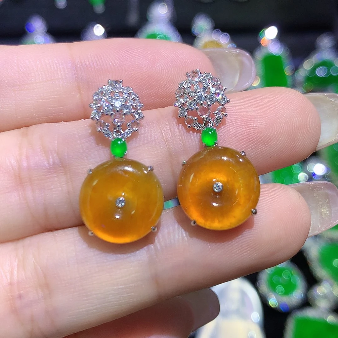 翡翠18K金镶嵌耳饰高冰黄翡