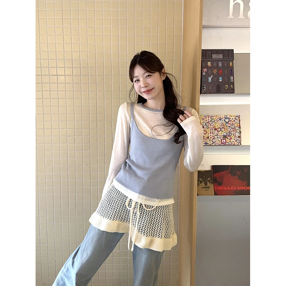 早春新款韩版百搭薄款圆领休闲气质通勤针织衫吊带背心上衣女