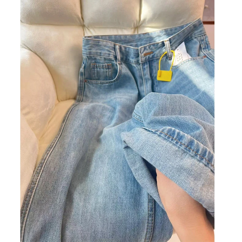 2025新款美式浅蓝色高腰直筒窄版阔腿牛仔裤女拖地裤垂感宽松显瘦