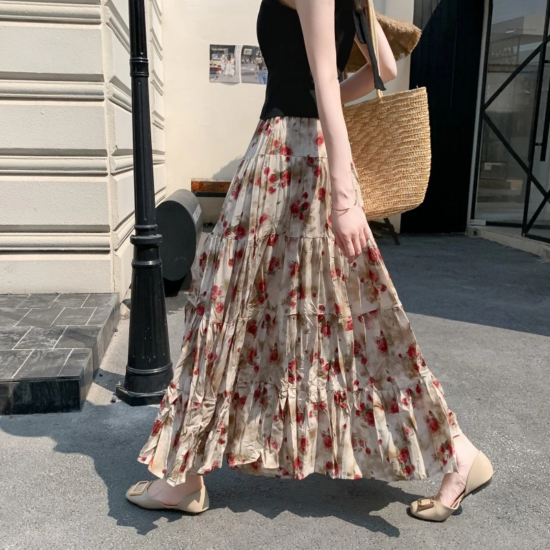夏季新款甜美碎花半身裙长款褶皱多层拼接显瘦高挑A字裙高腰裙子