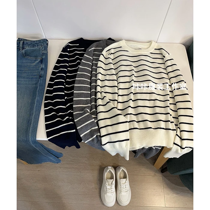 REKAYYAT“开心果”羊毛韩系百搭时尚洋气慵懒风圆领条纹针织衫