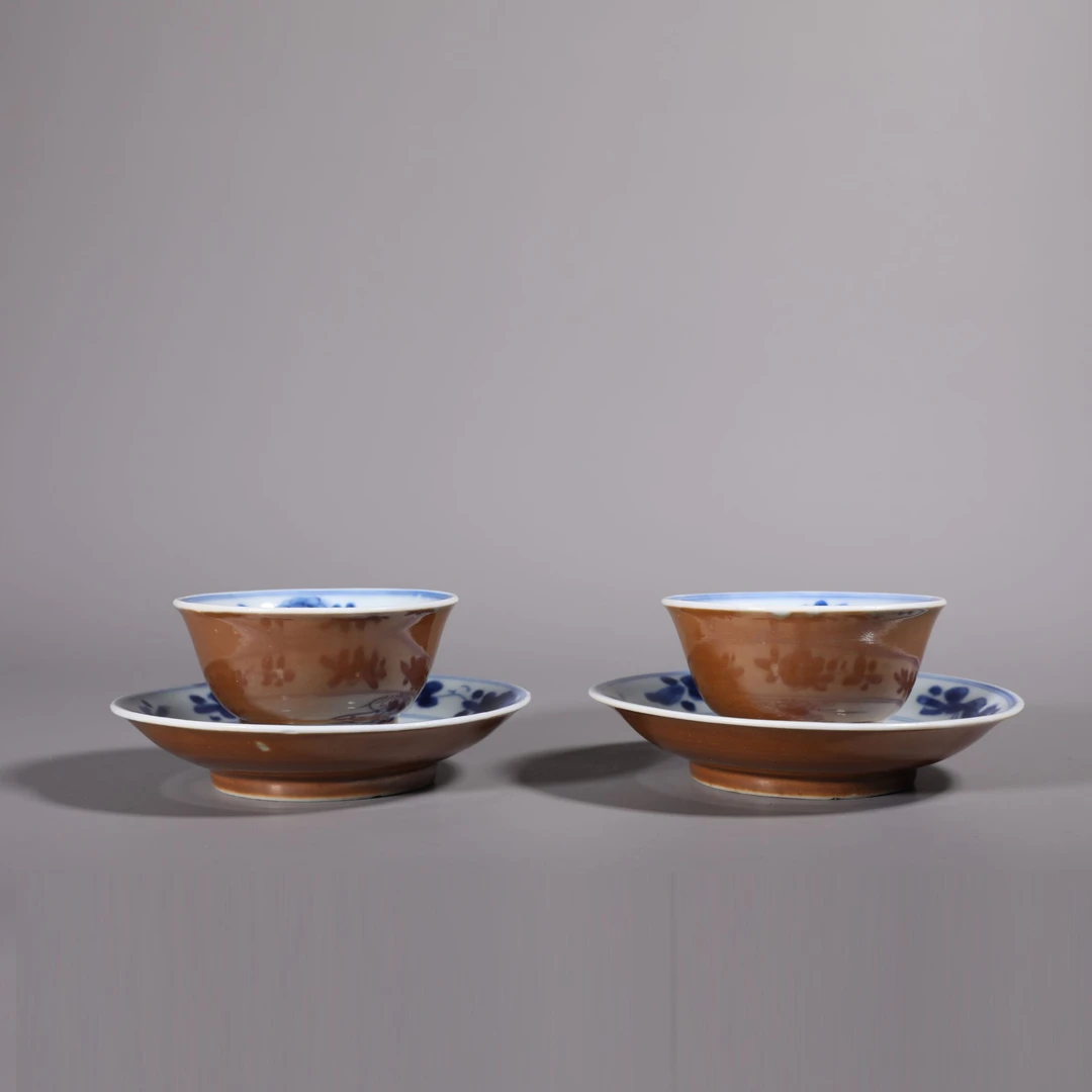 LOT010305 清康熙 外酱釉内青花花卉纹杯盘2套 古董拍卖