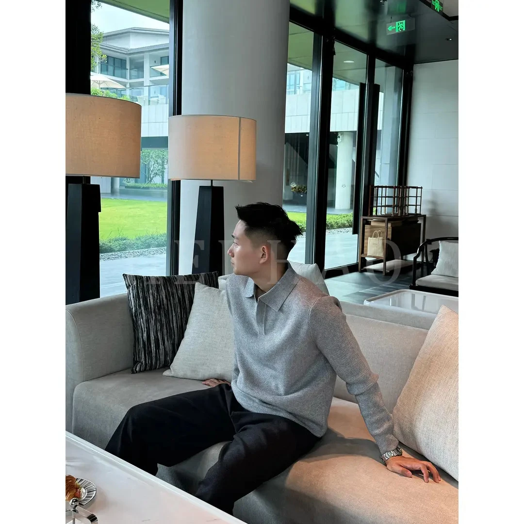 2025新款羊毛肌理纹海鸥领秋冬男士长袖毛衫加厚老钱风翻领针织衫