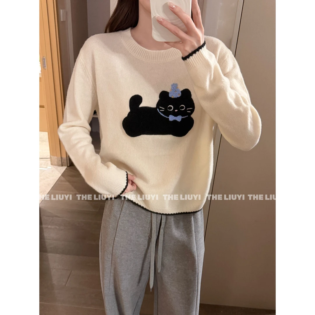 【LIUYI】兔毛混纺羊毛百搭圆领猫咪毛衣510181