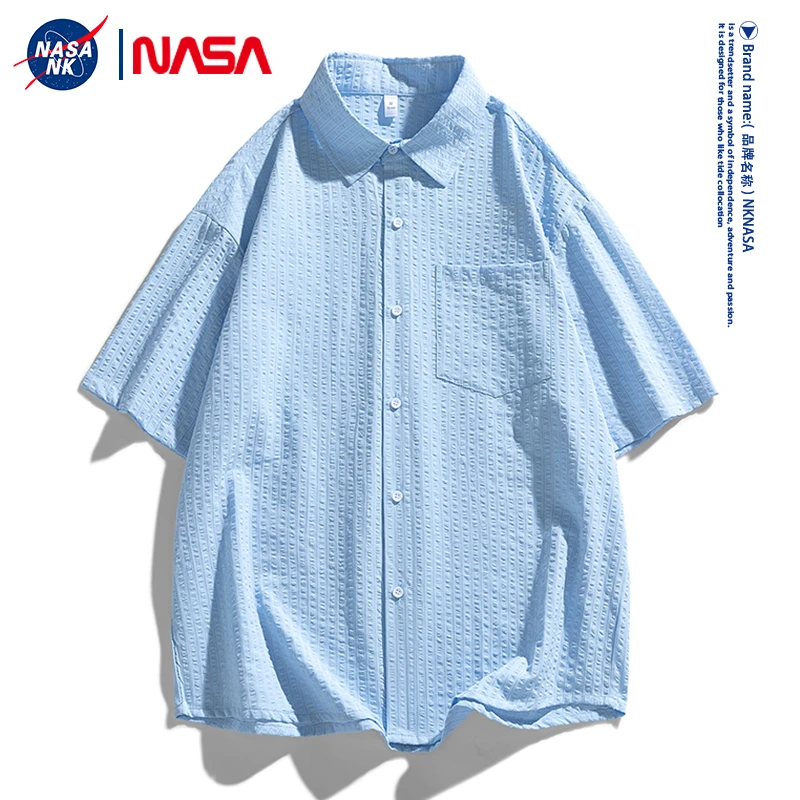 NASA联名夏季纯色日系短袖衬衫男士翻领百搭港风简约设计感衬衣潮
