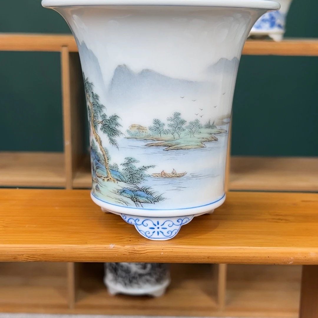 手工手绘青绿山水中号盆