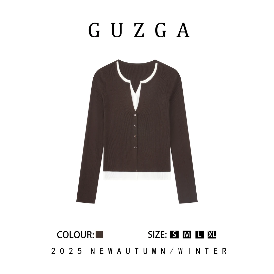 GUZGA【落风游秋】2025秋季上新假两件设计针织套头衫上衣时尚百搭