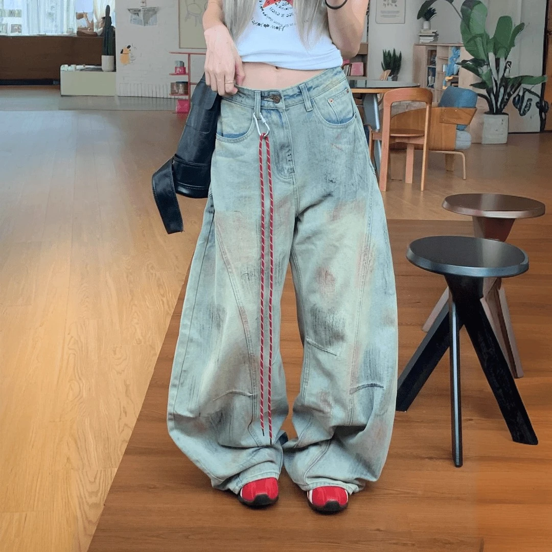 美式复古做旧脏染弯刀牛仔裤女秋季设计感宽松直筒阔腿梧桐裤子潮