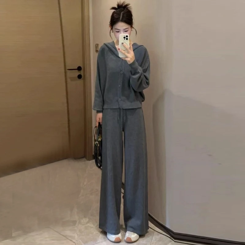 巨好看的秋季套装韩系慵懒风时尚女休闲连帽针织外套阔腿裤两件套