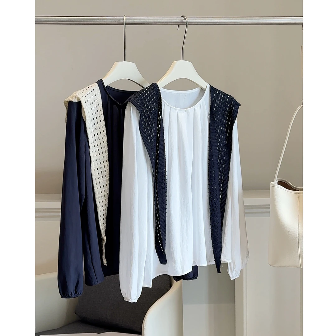 2025早秋季新款韩系宽松显瘦上衣圆领长袖衬衫女~送针织绑带披肩