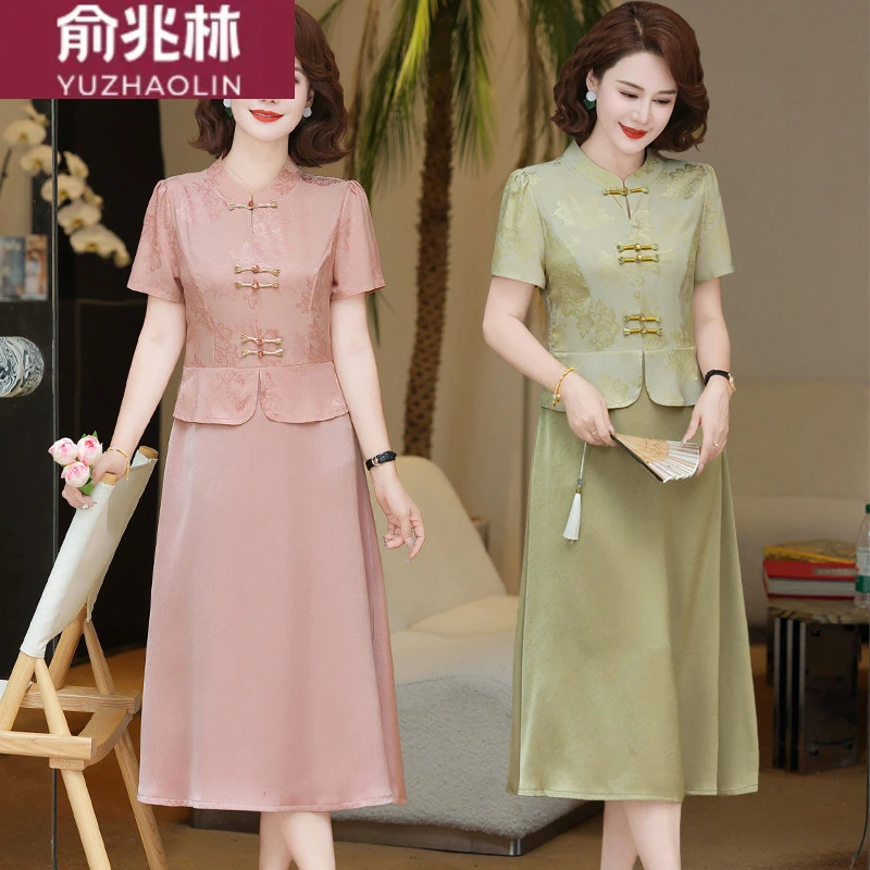 俞兆林妈妈连衣裙夏装洋气改良旗袍新款新款中老年阔太太夏季短袖