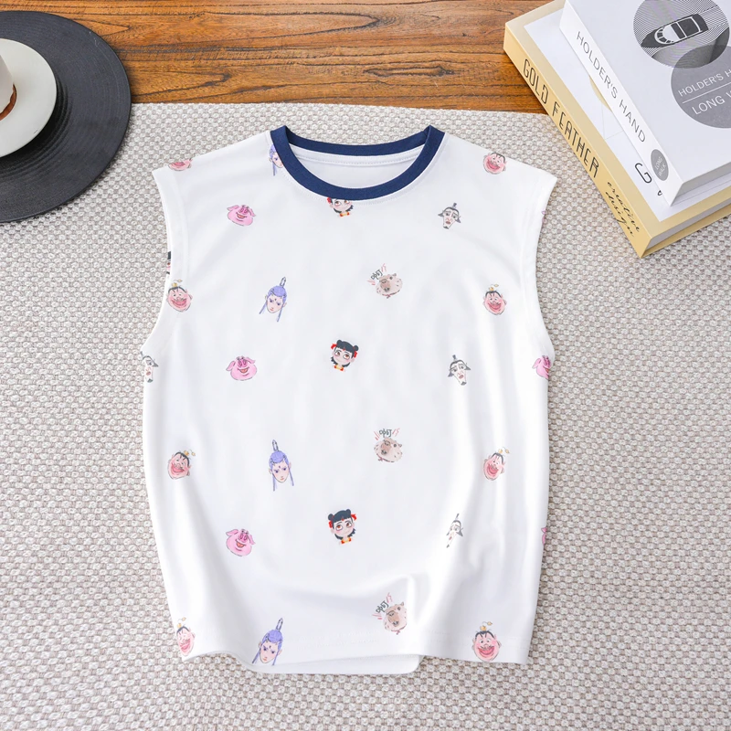 儿童夏凉感无袖背心中大童国风休闲圆领衫男女童宽松透气打底衫潮