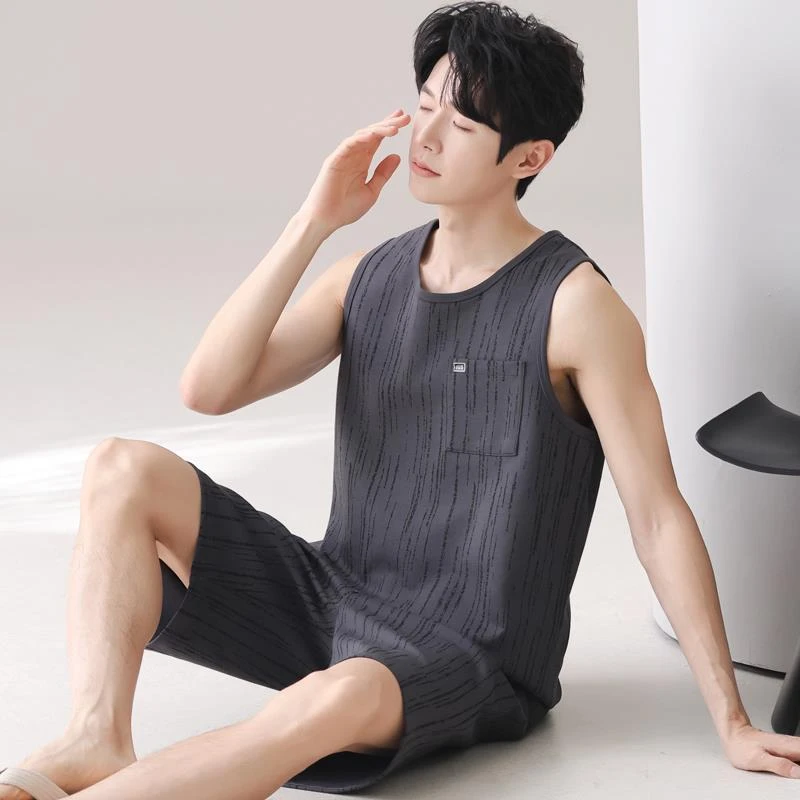 GPSUNLU睡衣男款夏款背心短裤套装韩版条纹无袖宽松青少年家居服