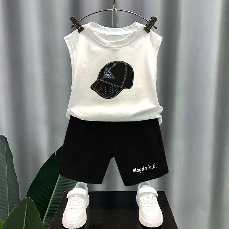 男童夏装纯棉背心儿童两件套中大童潮酷男孩时髦帅气无袖套装