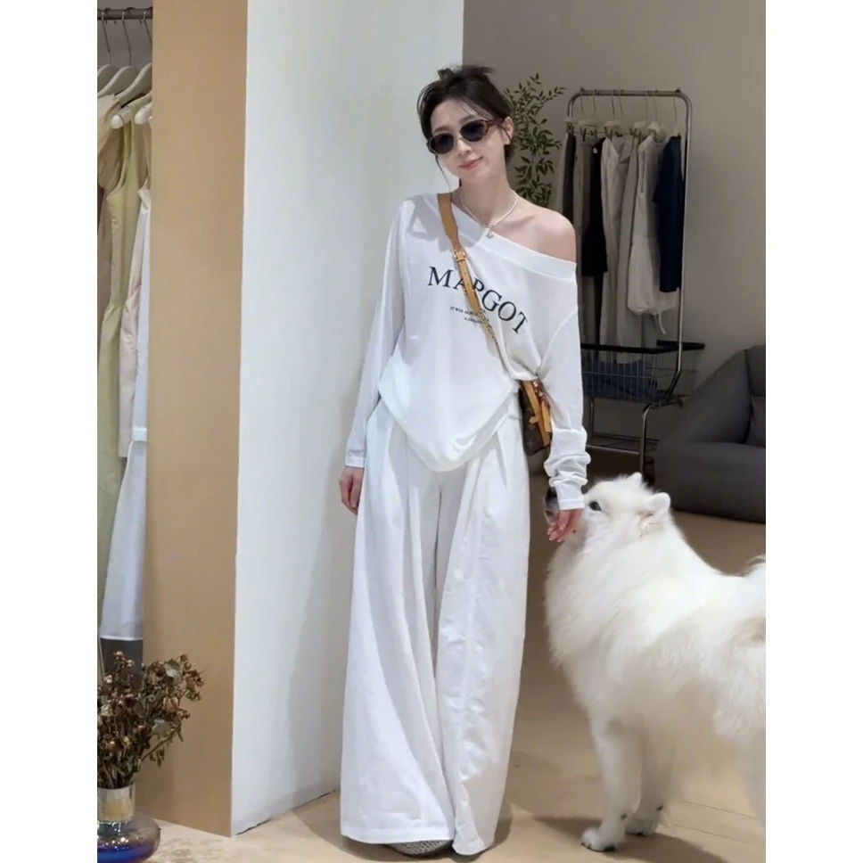 2025夏季新款韩系慵懒风斜肩防晒T恤上衣百搭阔腿裤显瘦两件套装