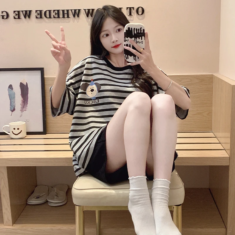 睡衣女夏季甜美可爱学生少女短袖短裤少女夏款条纹家居服套装外穿