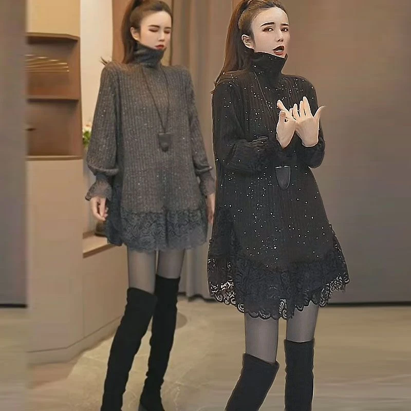 韩系黑色蕾丝花边拼接亮闪闪上衣大码别致独特超好看高领打底衫