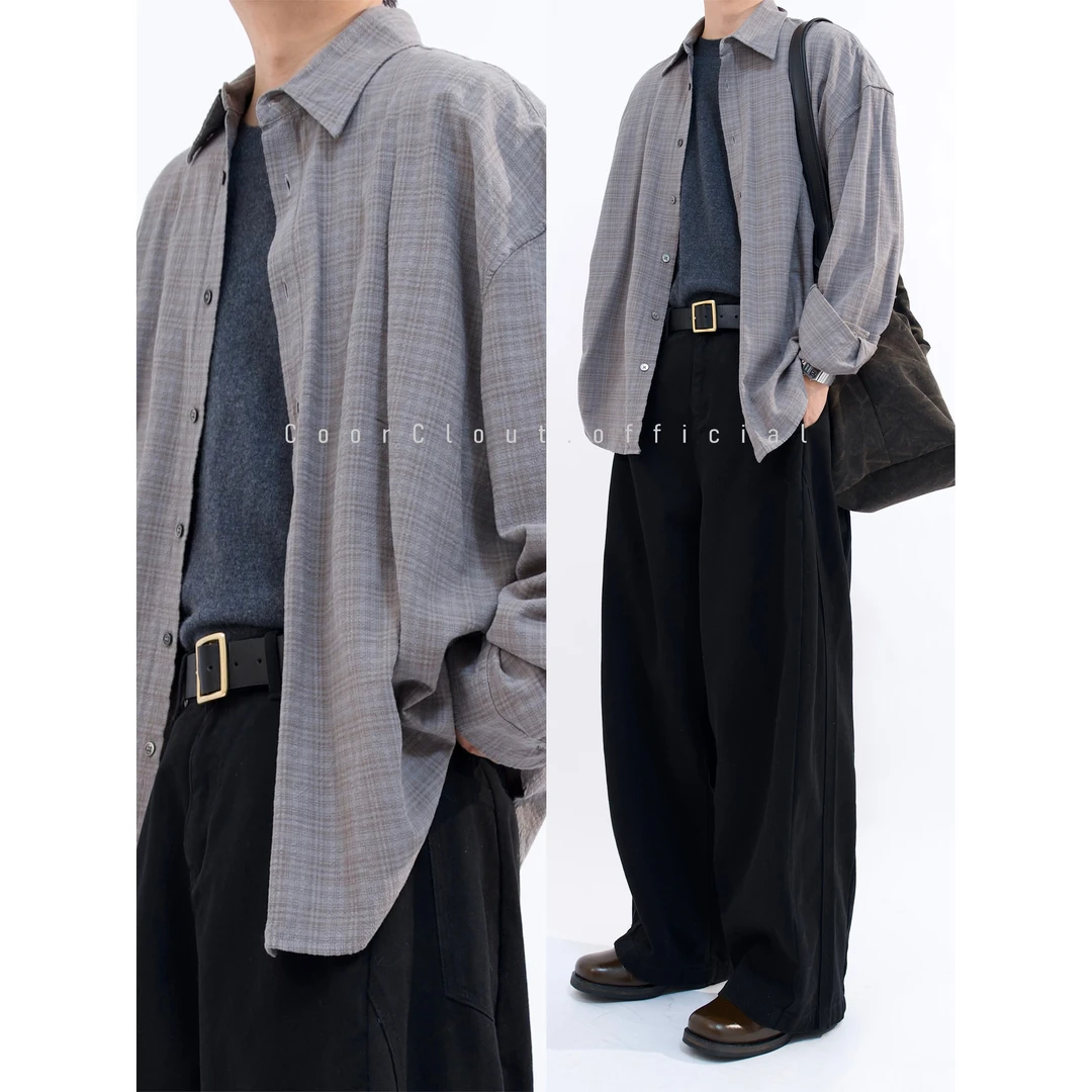 CoorClout 肌理感提花格纹衬衫复古宽松百搭格子长袖衬衣
