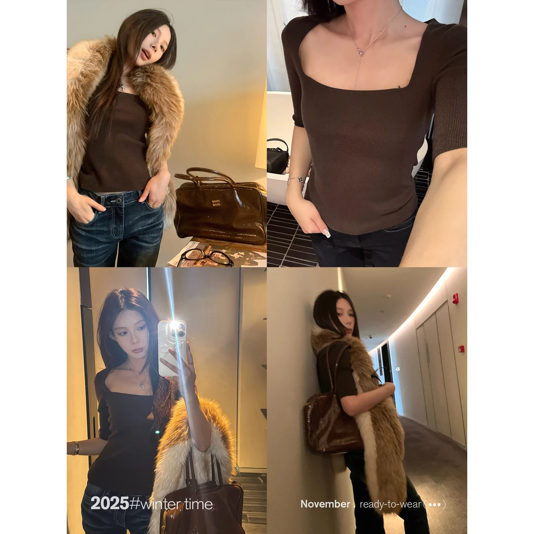 SUNONEONE 方领短袖修身短款打底针织衫女冬季韩系正肩上衣H1652C