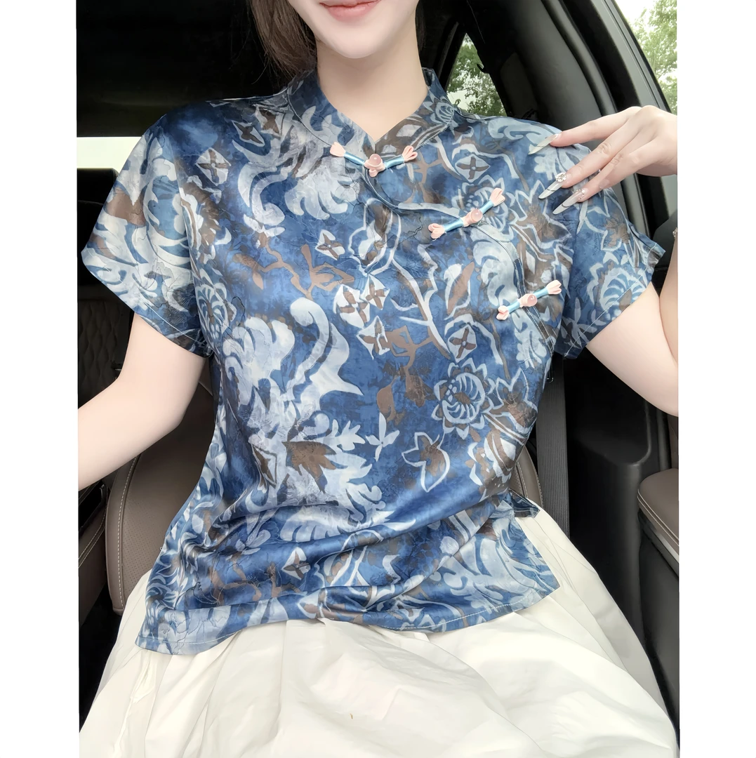 【青花瓷 】小衫飞飞袖短袖丝滑舒适女百搭透气精致提花显瘦复古