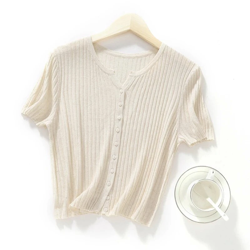 2025夏季新款针织短袖开衫女T恤剪刀V领小衫宽松显瘦坑条短款上衣