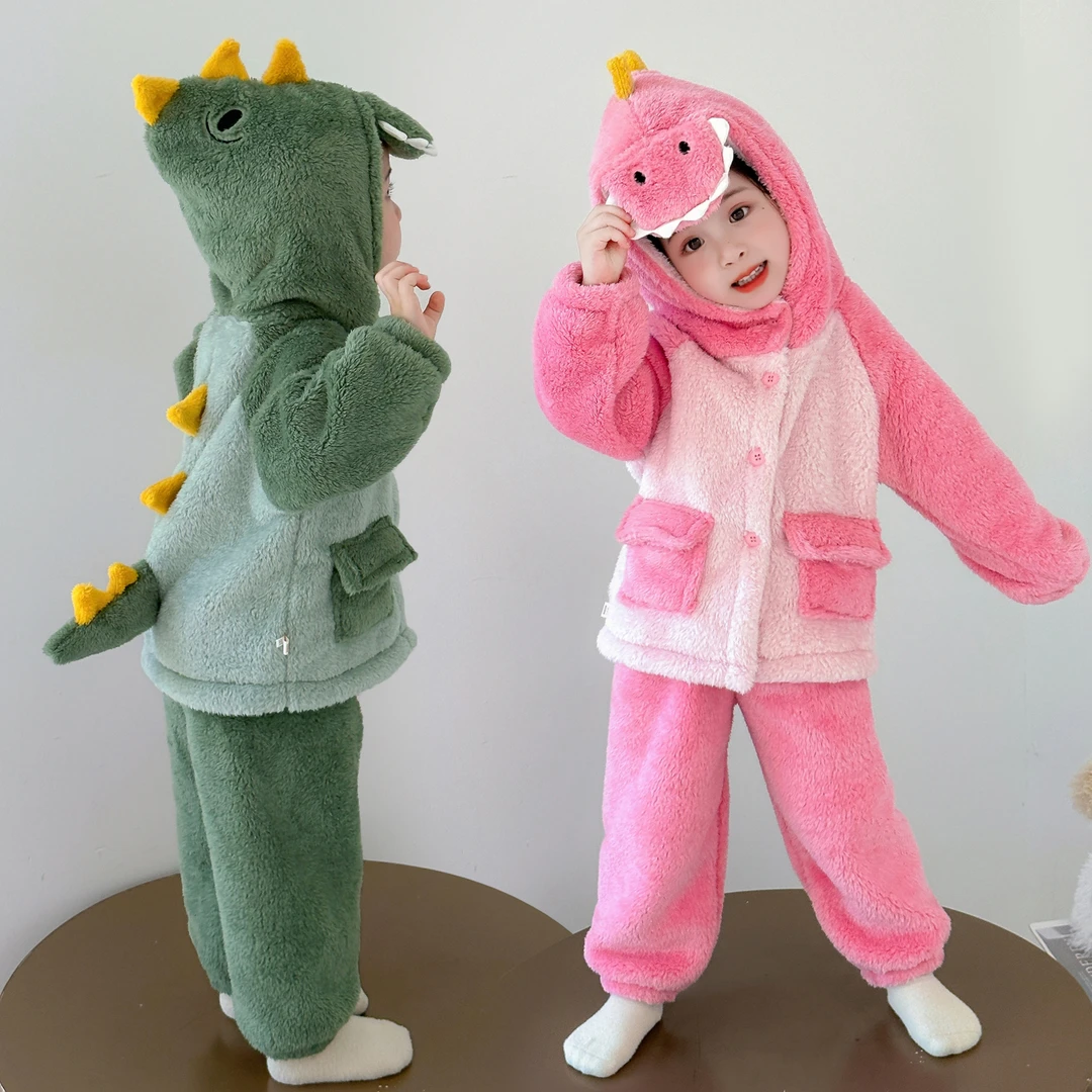 女童睡衣法兰绒秋冬款恐龙连帽套装男孩珊瑚绒分体保暖加厚家居服
