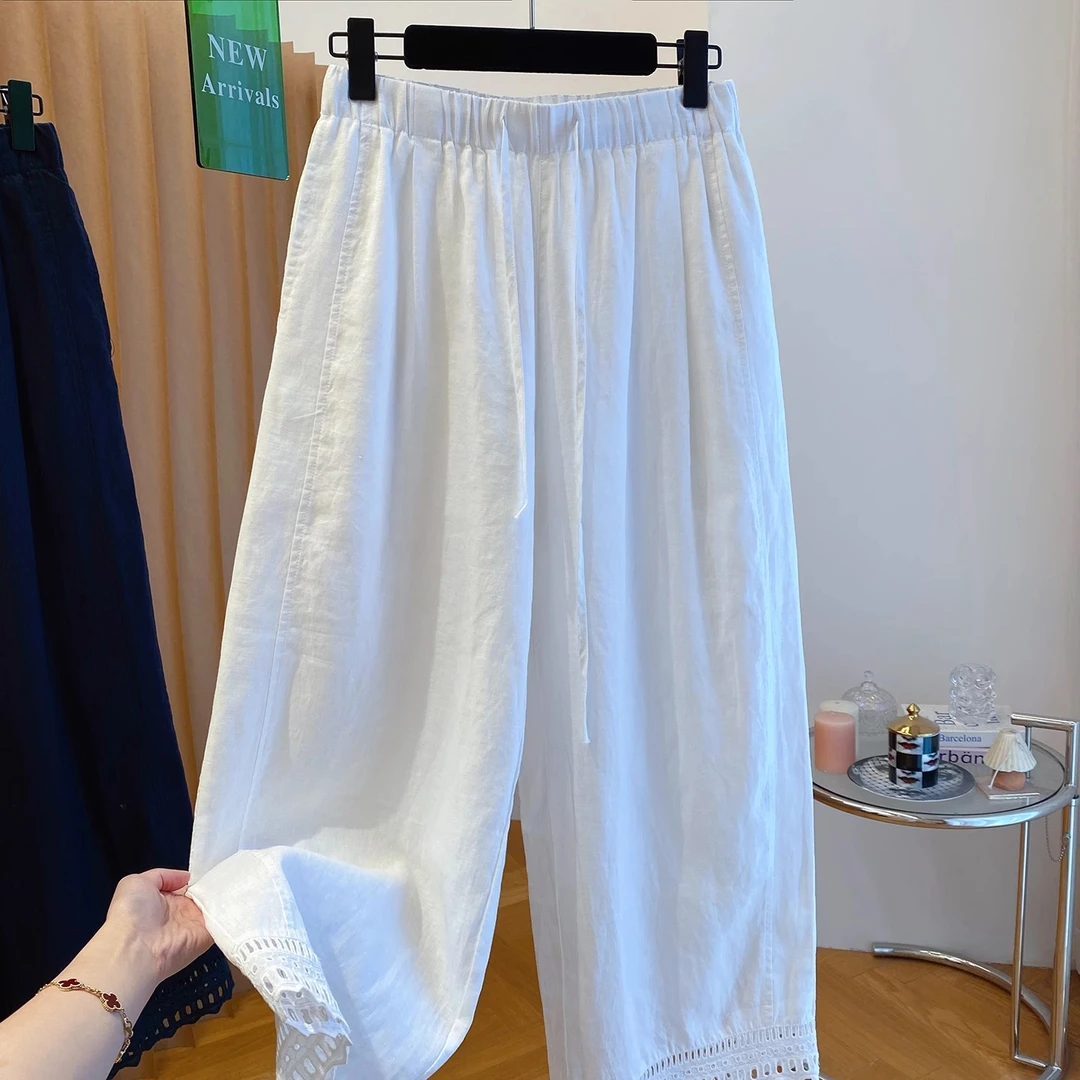 高级感天丝棉麻松紧腰休闲裤女夏季蕾丝花边宽松直筒阔腿裤九分裤
