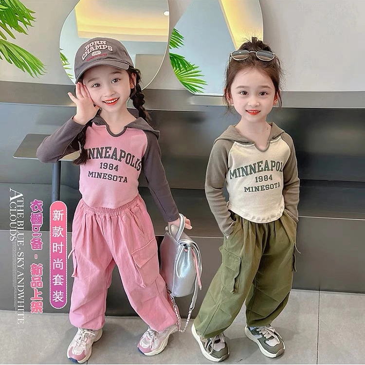 女童套装2025春秋季新款宝宝时尚连帽卫衣儿童工装裤春秋洋气两件