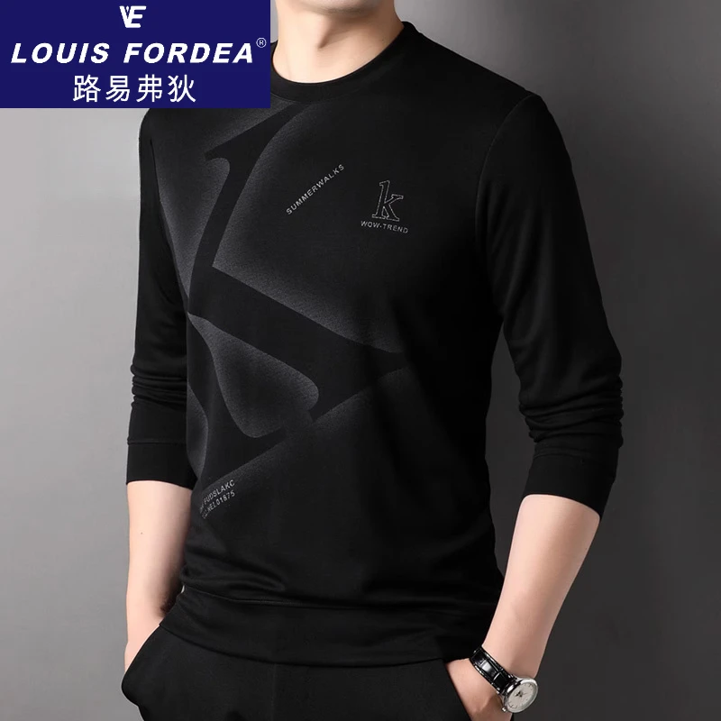 Louis Fordea/路易弗狄男士圆领长袖T恤男款潮流印花百搭轻奢男装