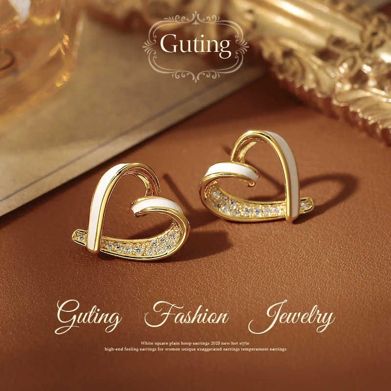 铜合金合成锆石耳饰 20993金色微镶镂空滴釉爱心耳钉独特漂亮耳环