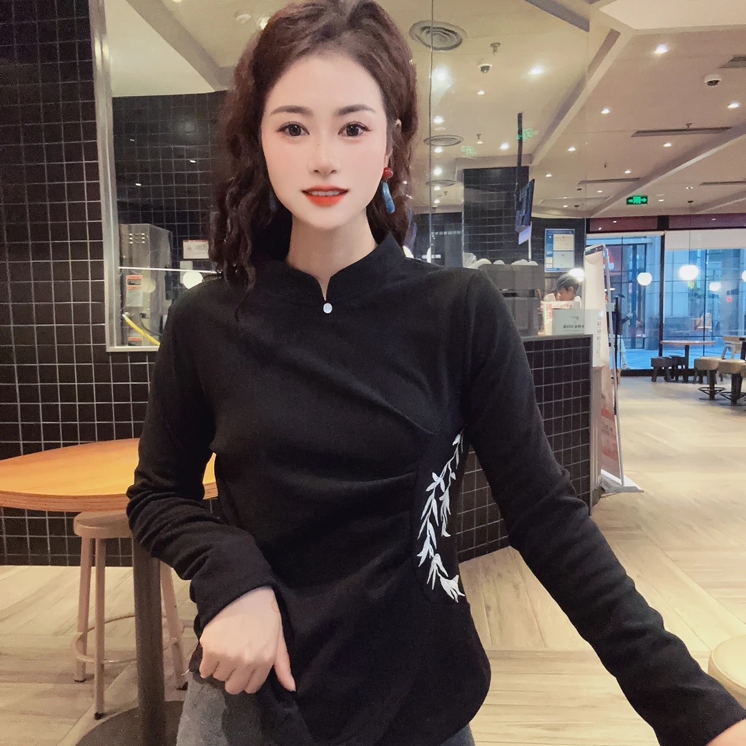 【锦竹】新中式气质复古显瘦立领重工定位刺绣收腰长袖设计款上衣JY